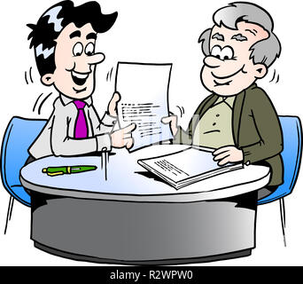 Fumetto illustrazione vettoriale di un uomo di affari e un uomo più anziano avente una riunione di affari Foto Stock
