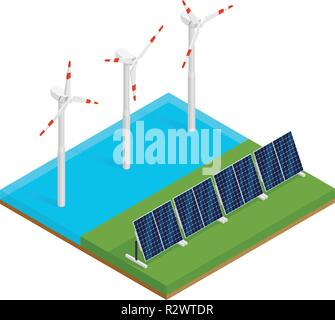 Impianto isometrica a pannelli solari e sulle turbine eoliche offshore. Eco rinnovabili Energia elettrica concetto. Illustrazione Vettoriale