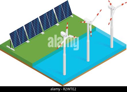 Impianto isometrica a pannelli solari e sulle turbine eoliche offshore. Eco rinnovabili Energia elettrica concetto. Illustrazione Vettoriale