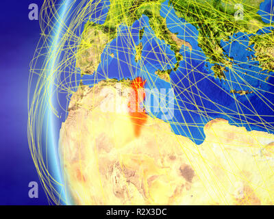 Tunisia da spazio sul modello della Terra con la rete internazionale. Concetto di comunicazione digitale o di viaggio. 3D'illustrazione. Gli elementi di questa immagine f Foto Stock