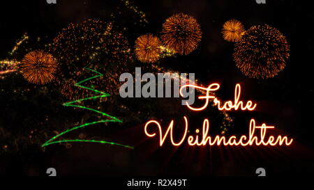 Merry Christmas testo in tedesco 'Frohe Weihnachten' su albero di pino con particelle di spumante e fuochi d'artificio su uno sfondo innevato Foto Stock