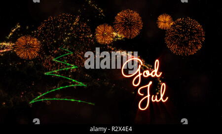 Buon Natale il testo nelle lingue norvegese e svedese "Dio Lug' su albero di pino con particelle di spumante e fuochi d'artificio su uno sfondo innevato Foto Stock