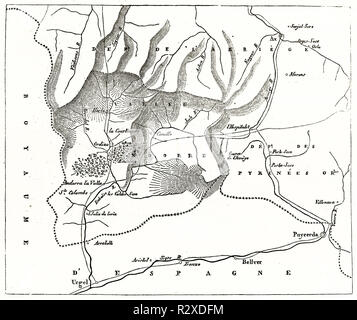 Andorra mappa vecchia. Da autore non identificato, publ. su Magasin pittoresco, Parigi, 1846 Foto Stock