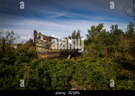 Abbandonate la nave di legno relitto nell'erba verde e pini sulla penisola di Hel in Polonia con drammatica, nuvoloso cielo blu Foto Stock