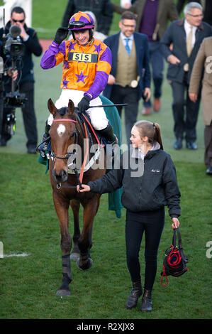 Prima assegnazione cavalcato da fantino T J O'Brien festeggia dopo aver vinto la regolamentazione soluzioni di finanziamento Handicap Hurdle durante la riunione di novembre a Cheltenham Racecourse Foto Stock