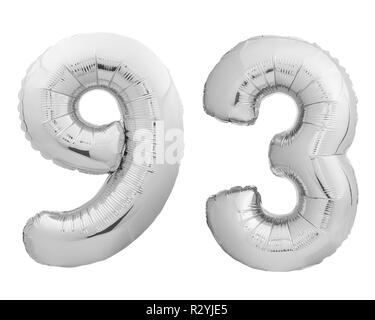 Silver Chrome numero numero 93 novanta tre fatti di palloncino gonfiabile su bianco Foto Stock