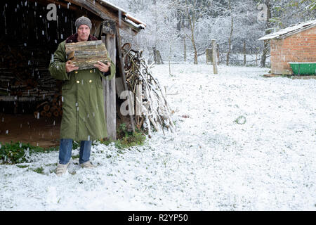 Uomo che porta legna da ardere attraverso la caduta di neve in giardino per uso come combustibile in un bruciatore di legno Zala county Ungheria Foto Stock