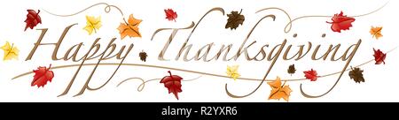Illustrazione Vettoriale che legge felice ringraziamento circondato da foglie di autunno. Illustrazione Vettoriale