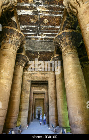 Colonne e soffitto annerito presso il Tempio di Edfu, un tempio egizio situato sulla sponda ovest del Nilo in Edfu, Alto Egitto, Nord Africa Foto Stock