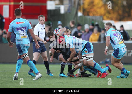 NEWCASTLE UPON TYNE. 28 ottobre 2018 Ben Stevenson di Newcastle Falcons è affrontato durante il Premiership Cup match tra Newcastle Falcons e Exeter Chiefs a Kingston Park, Newcastle domenica 28 ottobre 2018. ©MI News & Sport Ltd | Alamy Live News Foto Stock