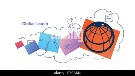 Il pianeta terra mappa ricerca globale concetto schizzo doodle orizzontale piatta isolata Illustrazione Vettoriale