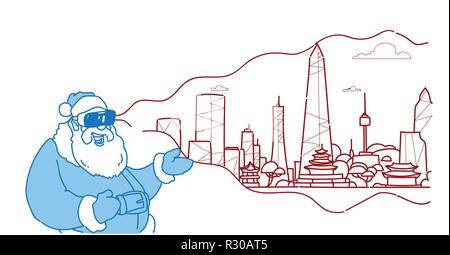 Santa indossare occhiali digitali di realtà virtuale città moderno grattacielo panorama cityscape sfondo visione vr auricolare concetto orizzontale piana Illustrazione Vettoriale