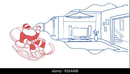Santa in slitta indossare occhiali digitale la realtà virtuale soggiorno moderno interior vr auricolare visione concetto orizzontale piana Illustrazione Vettoriale