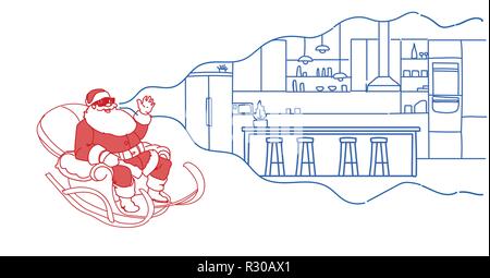 Santa in slitta indossare occhiali digitale la realtà virtuale moderno Cafe interior vr auricolare visione concetto orizzontale piana Illustrazione Vettoriale