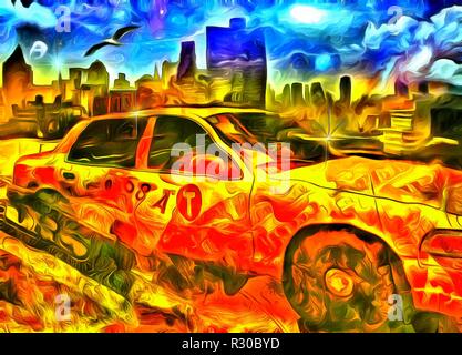 Pittura surreale. New York Taxi giallo taxi. Foto Stock