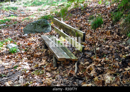 Caduto Foglie di autunno intorno di una panchina nel parco Foto Stock
