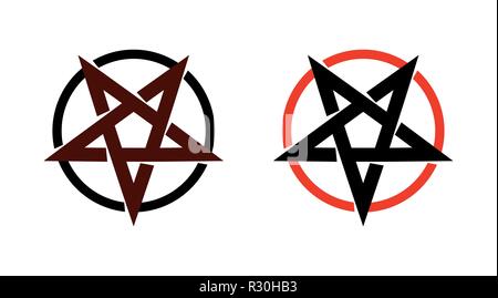 Satana star, pentagramma simbolo del satanismo, mistico segno forma rotonda - emblema del vettore del culto spirituale. Illustrazione Vettoriale