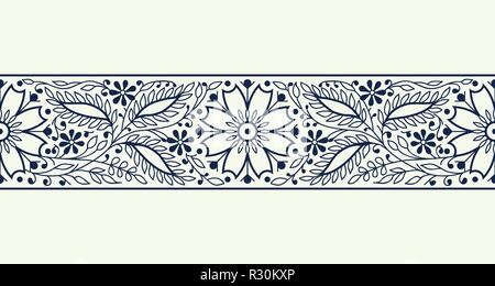 Woodblock stampato colorante indaco seamless etnica bordo floreale. Orientale tradizionale ornamento di India, eleganti fiori e foglie, blu navy su ecru Illustrazione Vettoriale