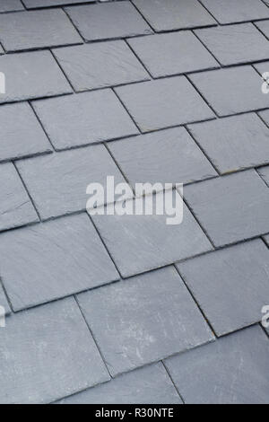 Dettaglio di un tradizionale tetto di ardesia grigia le tegole di un tetto a falde inclinate Foto Stock