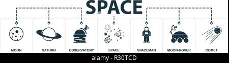 Spazio impostata raccolta di icone. Include elementi semplici come la Luna e Saturno, Osservatorio Stelle, astronauti, Moon-Rover e Ufo icone premium. Illustrazione Vettoriale