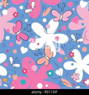 Rosa e Bianco di farfalle e fiori pattern su sfondo blu Illustrazione Vettoriale
