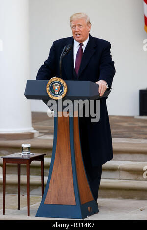 Washington, Stati Uniti d'America. Xx Nov, 2018. Stati Uniti Presidente Donald Trump parla durante la Nazionale del Ringraziamento Turchia perdonare cerimonia al Giardino delle Rose della Casa Bianca di Washington, DC, Stati Uniti, su nov. 20, 2018. Credito: Ting Shen/Xinhua/Alamy Live News Foto Stock