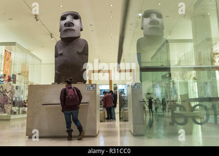 Londra, Regno Unito. Il 21 novembre 2018. Un membro del pubblico viste le Hoa Hakananai'a ('rubate o nascosto Amico') presso il British Museum. I quattro-tonnellata statua, o "moai", uno dei centinaia originariamente presente sull'Isola di Pasqua, è stato sul display nel museo per 150 anni, dopo che essa è stata presa senza permesso nel 1868 dalla British naval capitano Richard Powell, e dato alla regina Victoria. Tarita Alarcon Rapu, il governatore dell'Isola di Pasqua, ha chiesto che la statua doveva essere restituito all'isola e per le popolazioni indigene, la Rapa Nui. Credito: Stephen Chung / Alamy Live News Foto Stock