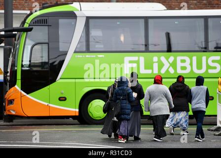 Frankfurt am Main, Germania. Xx Nov, 2018. Flixbus ad una fermata bus, la Germania, la città di Francoforte, 20. Novembre 2018. Credito: Frank può | in tutto il mondo di utilizzo/dpa/Alamy Live News Foto Stock