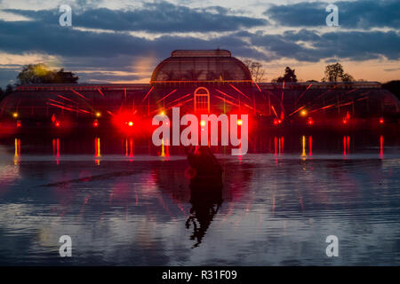 Kew Gardens, Londra, Regno Unito. Xxi Nov 2018. La Casa delle Palme Gran Finale con fasci laser, flussi di luce e proiezioni caleidoscopica giocando attraverso un gigantesco schermo acqua, accompagnato da musica di Natale classici. - Kew a Natale, Kew Gardens - Anl sentiero illuminato attraverso Kew dopo-paesaggio scuro, illuminata da oltre un milione di luci scintillanti. Ir va da 22 Novembre 2018 - 5 gennaio 2019. Credito: Guy Bell/Alamy Live News Foto Stock