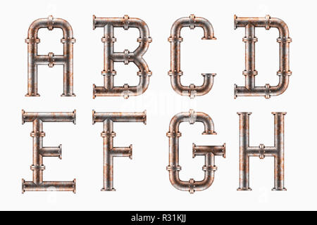 Alfabeto fatte di metallo arrugginito piping elementi - lettere da A ad H Foto Stock