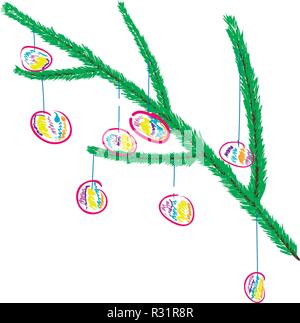 Albero di natale con ghirlande e sfere di disegno vettoriale i bambini la mano Illustrazione Vettoriale