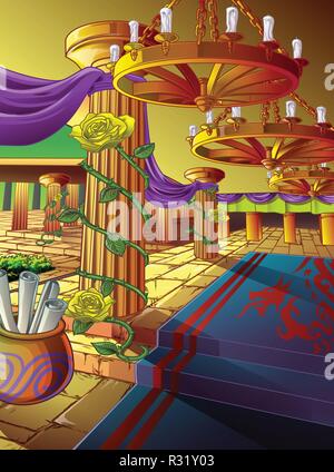 Elementi di grafica vettoriale di una hall in un castello in stile cartoon. Illustrazione Vettoriale