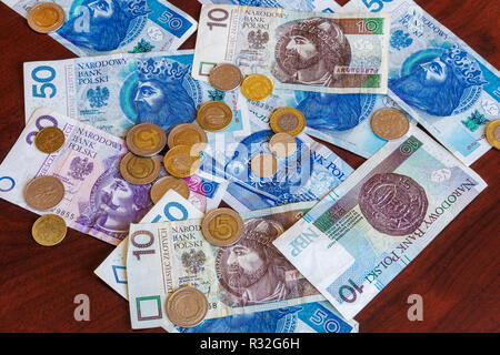 Zloty polacco - zl denaro le banconote e le monete in euro. Gazzetta Polonia moneta in tagli da 10, 20 & 50 zloty fatture con groszy bronzo e nickel delle monete in euro. Foto Stock