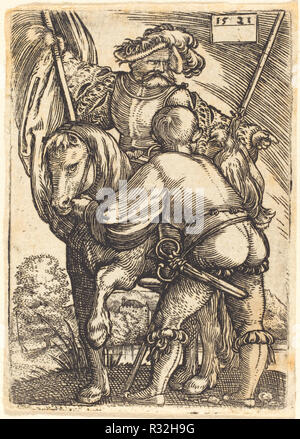 Equitazione Alfiere e Foot-Soldier. Data: 1521. Medium: incisione. Museo: National Gallery of Art di Washington DC. Autore: Barthel Beham. Foto Stock