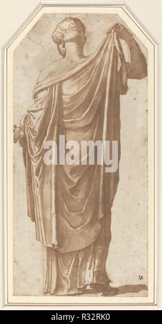 Femmina statua romana visto dal retro. Dimensioni: in generale (lunetta): 25 x 11,9 cm (9 13/16 x 4 11/16 in.). Medium: penna e pennello con inchiostro marrone su gesso nero su carta vergata. Museo: National Gallery of Art di Washington DC. Autore: attribuito a Nicolas Poussin. Foto Stock