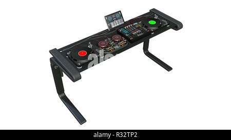 DJ giradischi stand con mixer audio e la registrazione di apparecchiature audio, disc jockey strumenti musicali isolati su sfondo bianco, rendering 3D Foto Stock