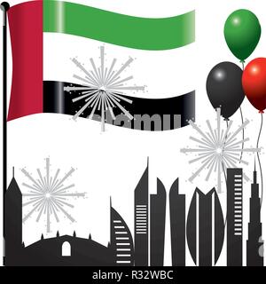 Bandiera degli Emirati arabi uniti con il panorama della città e gundpowder con palloncini cartoon illustrazione vettoriale graphic design Illustrazione Vettoriale