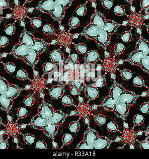 Pattern digitale con un fiore decorativo gioielli motivo in blu, rosso e toni di nero. Foto Stock