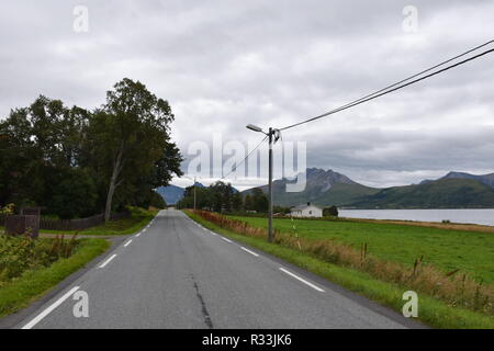 Norwegen, Andenes, Andøy, Andøya, Vesterålen, Nordland, Straße, Leitschiene, Ufer, Küste, Insel, Hinnøya, E10, Europastraße, Sund, Fiordo, Gullesfjorde Foto Stock