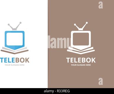 Il vettore del libro di tv e la combinazione di logo. La televisione e mercato di simbolo o icona. Bookstore unica, biblioteca e logotipo di media design modello. Illustrazione Vettoriale