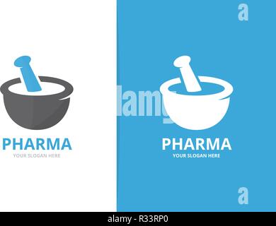 Farmacia di vettore di combinazione di logo. Pounder simbolo o icona. Unico mortaio e pestello logotipo di modello di progettazione. Illustrazione Vettoriale