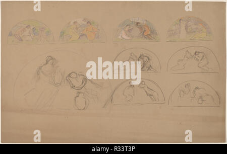 Studi per lunette. Data: 1890/1897. Dimensioni: foglio: 29,6 × 46,7 cm (11 5/8 × 18 3/8 in.). Medium: nero pastello conté, blu, verde, viola, rosso, giallo, arancione, bianco e matite e grafite su tan prevista carta. Museo: National Gallery of Art di Washington DC. Autore: Charles Sprague Pearce. Foto Stock
