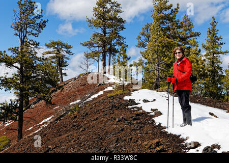 Donna 42,835.02096 escursionismo Alto di ripida Red & Black cono di scorie, Ponderosa pine trees (Pinus ponderosa), morto log lieve neve, cielo blu bianco delle nuvole Foto Stock