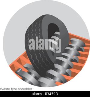 Usato pneumatici degli autoveicoli può essere frantumato in piccoli pezzi. Diventare prodotto in gomma dall'automotive vecchi pneumatici. Illustrazione Vettoriale