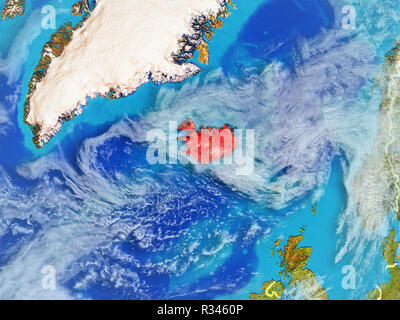 Islanda da spazio sul modello del pianeta Terra con i confini. Dettagli estremamente fini del pianeta superficie e nuvole. 3D'illustrazione. Elementi di thi Foto Stock