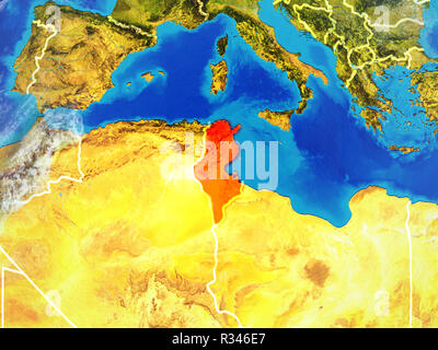 Tunisia da spazio sul modello del pianeta Terra con i confini. Dettagli estremamente fini del pianeta superficie e nuvole. 3D'illustrazione. Elementi di thi Foto Stock