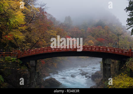 Guardando lo splendido ponte Shinkyo in Nikko, Giappone in una nebbiosa, cadono giorno con picco di Autunno a colori. Foto Stock