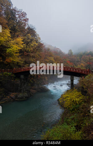 Guardando lo splendido ponte Shinkyo in Nikko, Giappone in una nebbiosa, cadono giorno con picco di Autunno a colori. Foto Stock