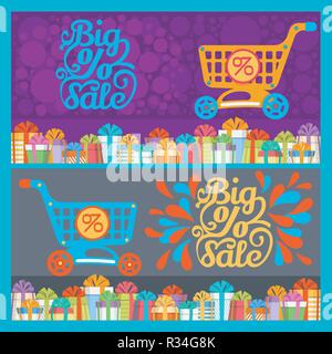 Nuovo anno confezioni regalo, carrello, grande vendita testo Illustrazione Vettoriale