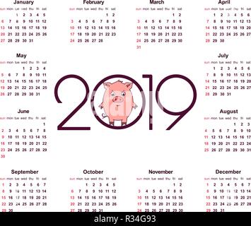Calendario di maiale per 2019. Simbolo dell'anno nel calendario cinese. Semplice template vettoriale. Articoli di cancelleria modello di disegno. Isolato illustrazione vettoriale su Illustrazione Vettoriale